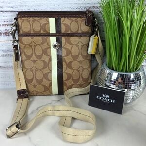 Coach Signature File Crossbody Bag Tan‎ Brown Canvas Leather Crossbody Guc